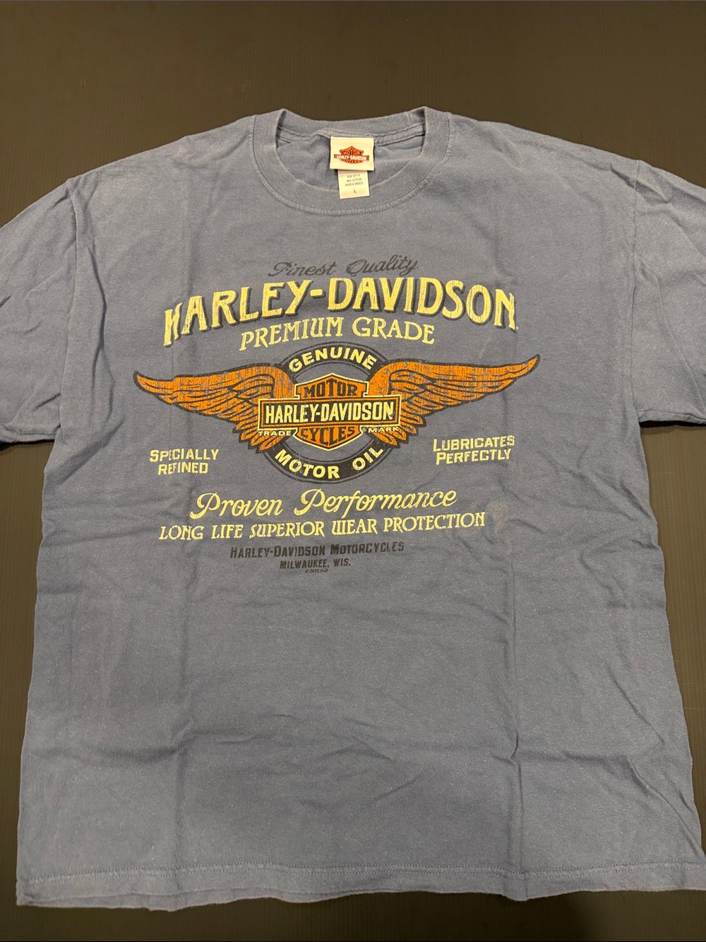 Harley-Davidson Blue Tee with Yellow and Orange Winged Logo
